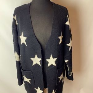Trendy long line star studded sweater celestial black & cream Large